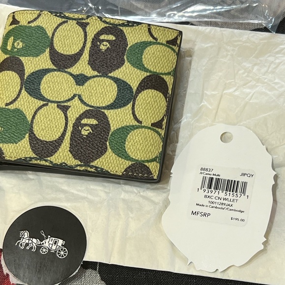 NWT COACH x BAPE SIGNATURE CANVAS W/APE HEAD BLACK COPPER/CAMO COIN MENS WALLET - Picture 7 of 16